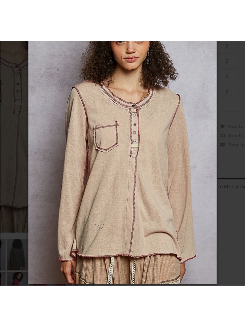 POL Beige Long-Sleeve Henley Top with Contrast Stitching